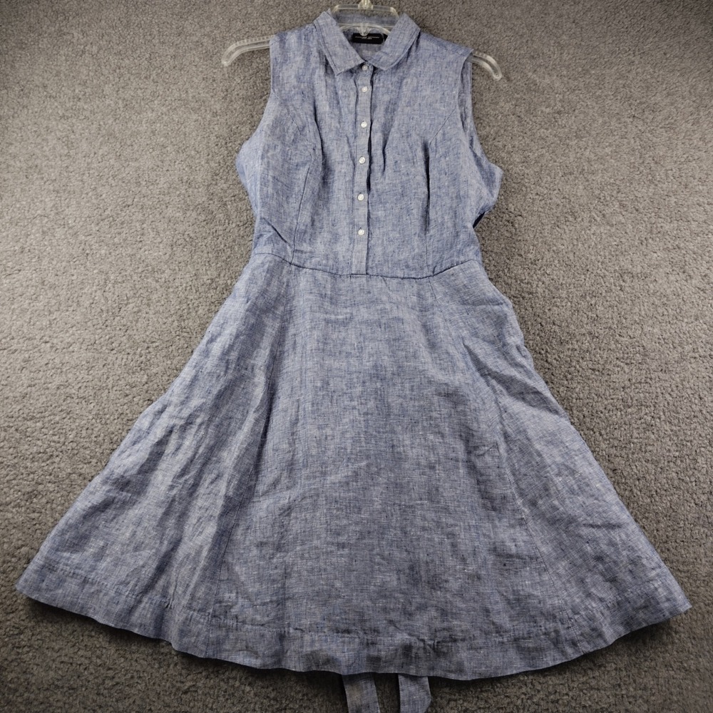 Adrienne Vittadini Blue Linen Dress Sleeveless Button Front Belted Size 6